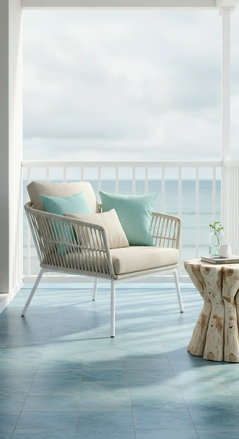 A white woven armchair with sand-colored cushions and pale aqua pillows on a light blue tiled floor.