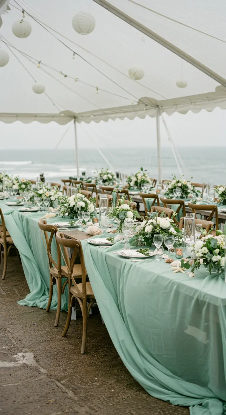 Beachside wedding table with a flowing seafoam green tablecloth and white floral centerpieces.