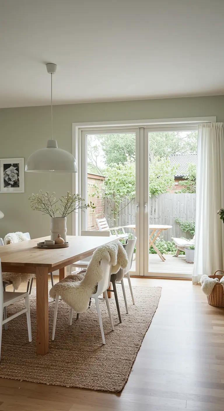 Oak dining table with white chairs, two with sheepskin throws, in a room with light green walls and glass doors leading to a garden.