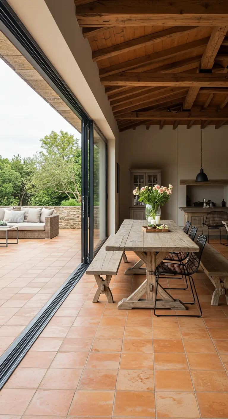 A dining room with large sliding glass doors opening onto a patio.
