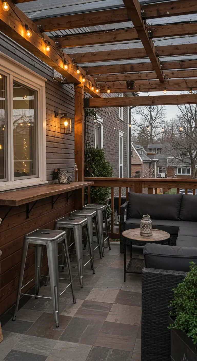 Outdoor bar counter attached to a house wall below a window, with stools.