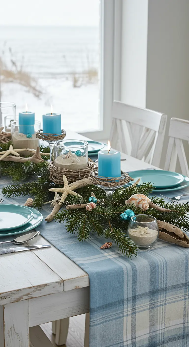 Coastal Christmas table with evergreen garland, driftwood, starfish, and aqua candles and plates.