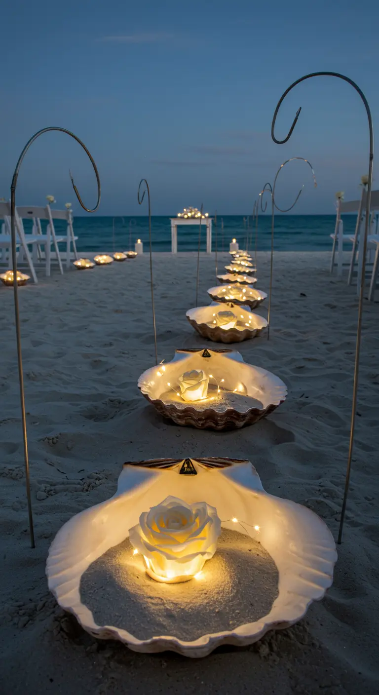 A wedding aisle lined with large shells containing glowing roses and fairy lights.