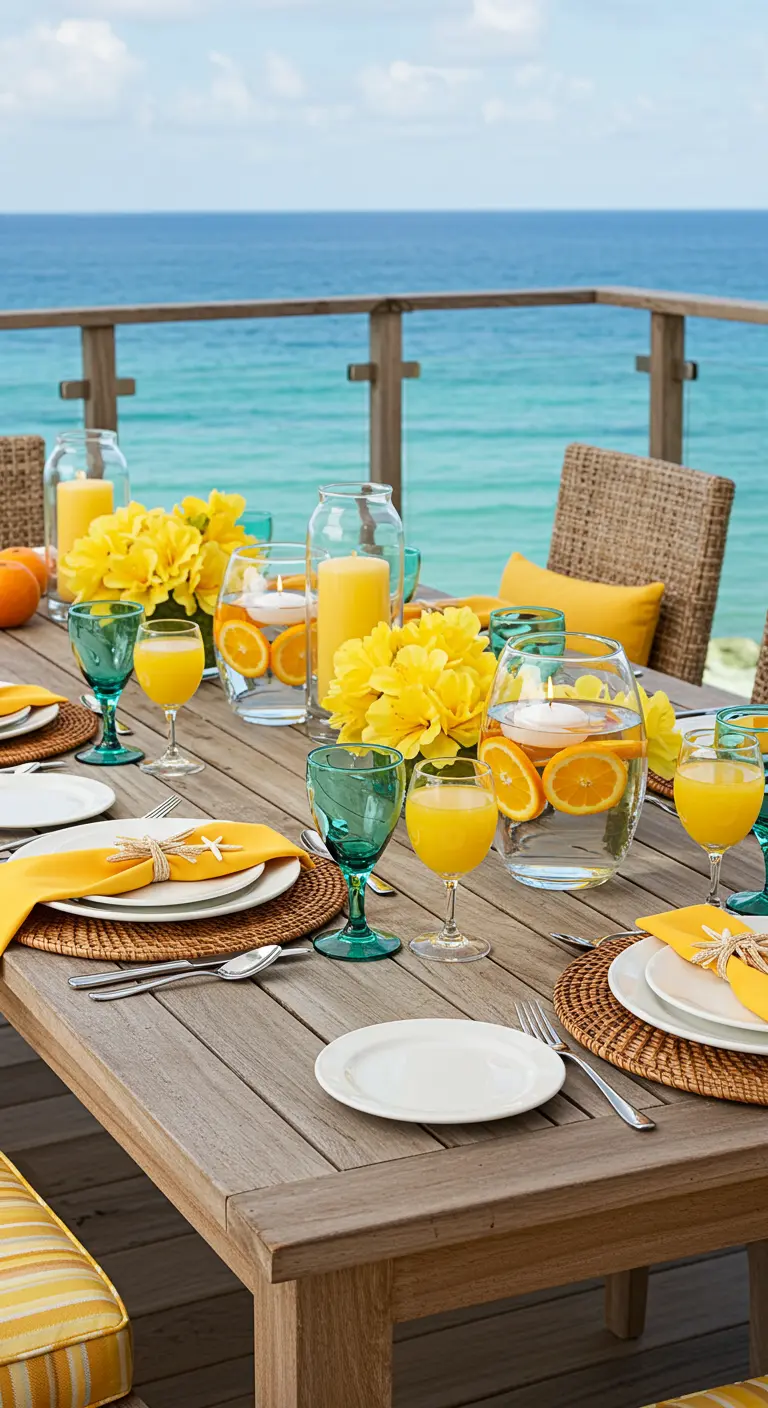 Oceanfront table with floating candles and orange slices in glass vases and yellow flowers.