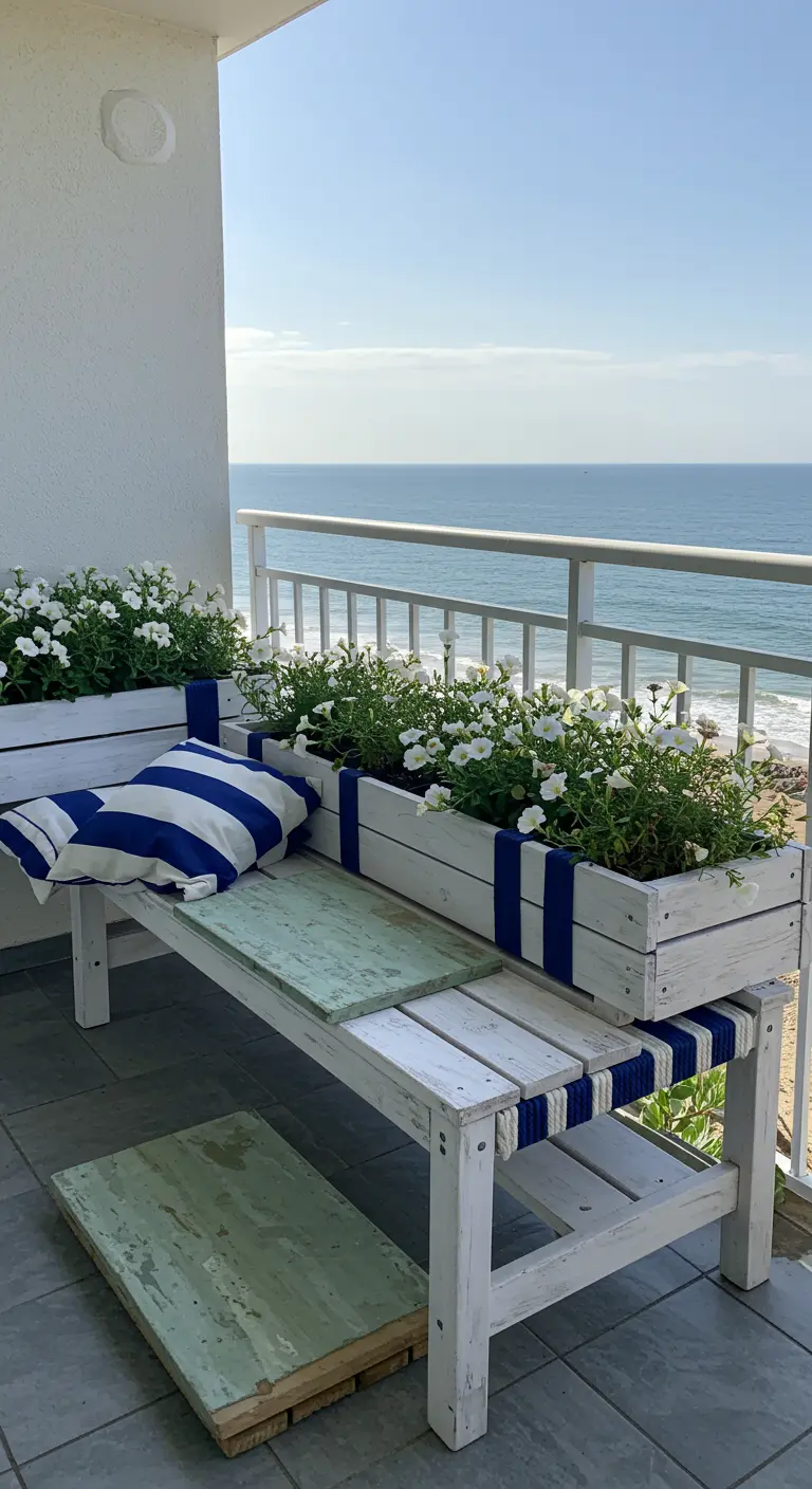 A whitewashed bench with blue rope accents and white flowers, overlooking the ocean.