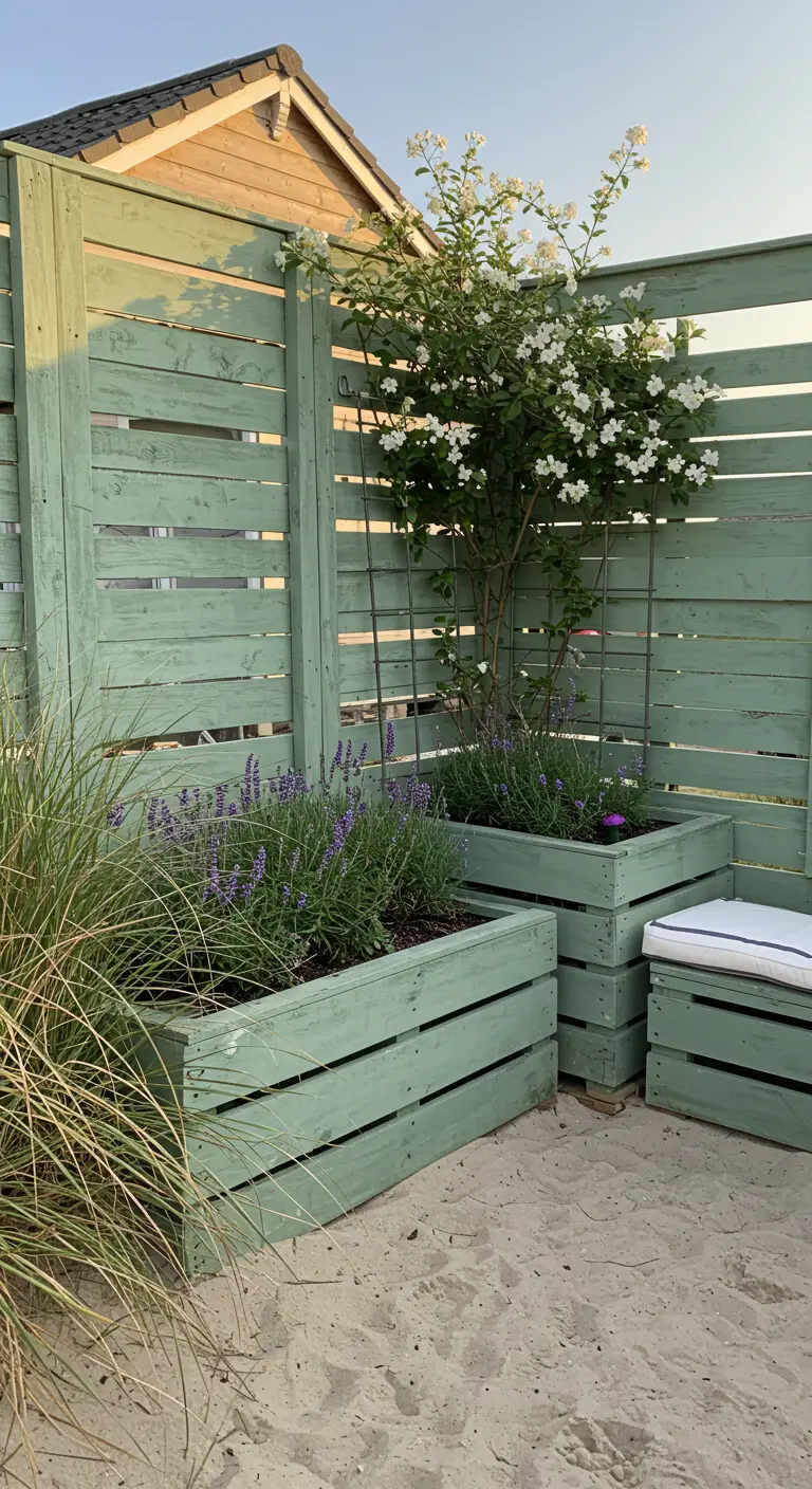 A sage green pallet screen and planter boxes with lavender and a white flowering shrub on a sandy patio.