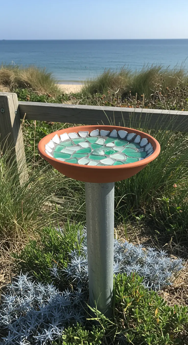 A birdbath with a seafoam green sea glass mosaic, overlooking the ocean.