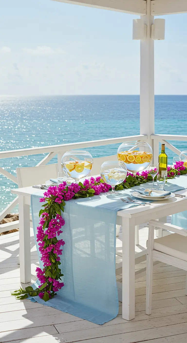 A white table by the ocean with a blue runner and a vibrant pink bougainvillea garland.