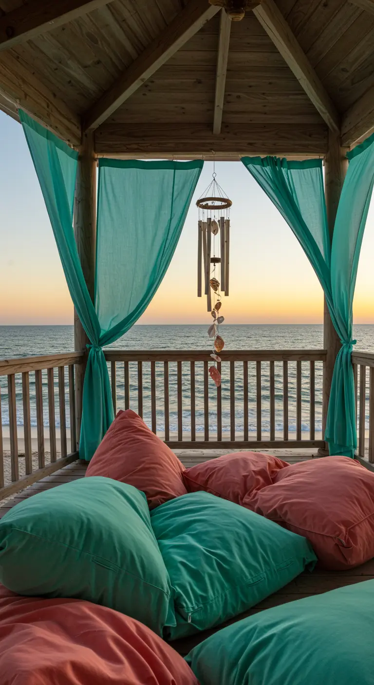 Beach gazebo with turquoise curtains and a pile of coral and teal floor pillows.