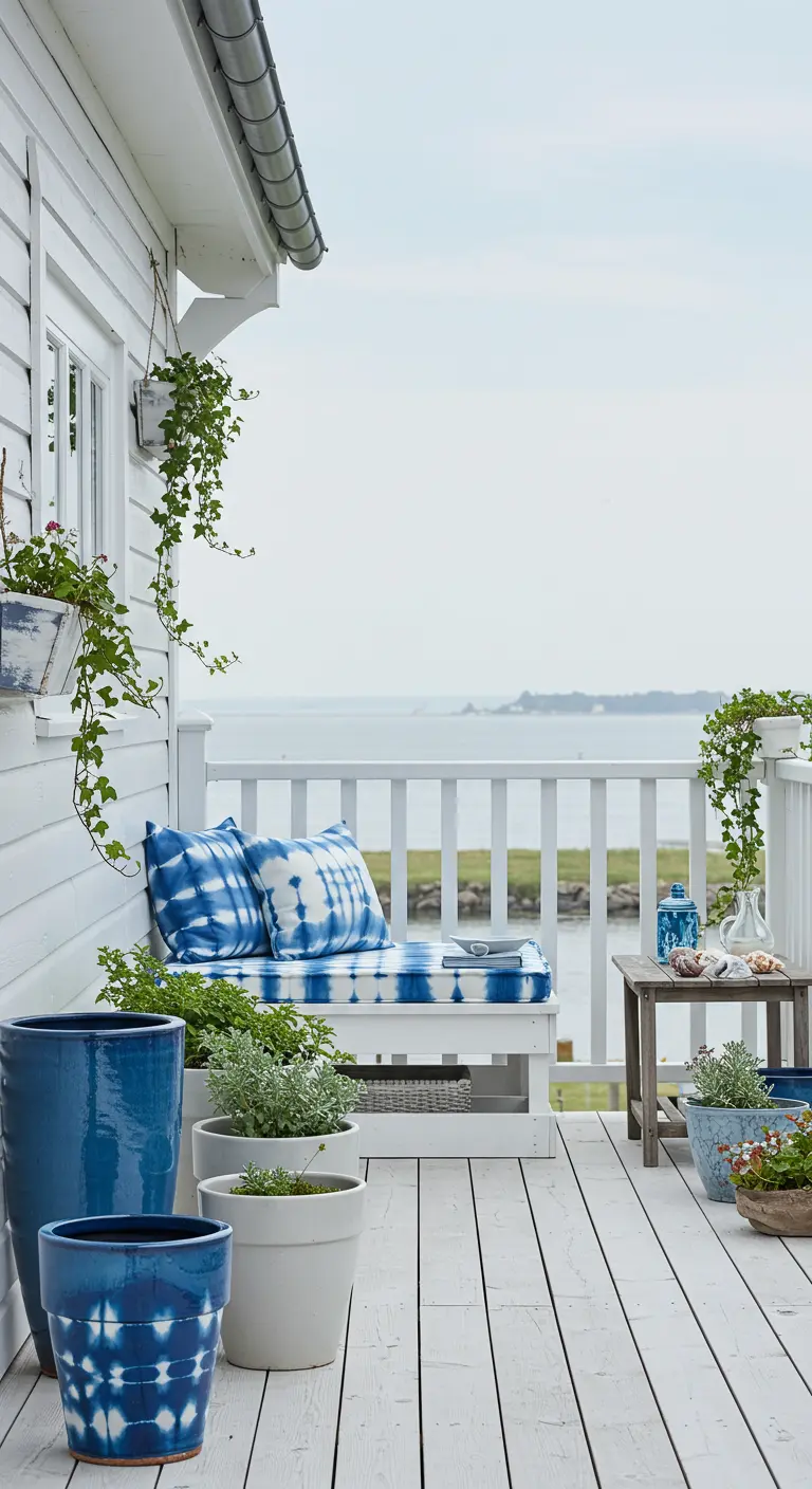 A coastal-themed balcony with blue tie-dye cushions, white wood, and blue ceramic pots.