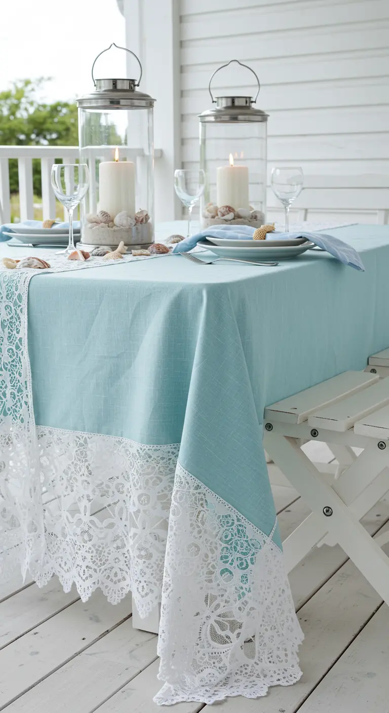 A coastal-themed table with a blue tablecloth, lace border, and hurricane lanterns filled with sand.