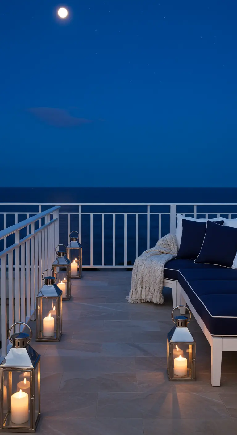 A deck overlooking the ocean with a navy chaise lounge and a row of large chrome lanterns.