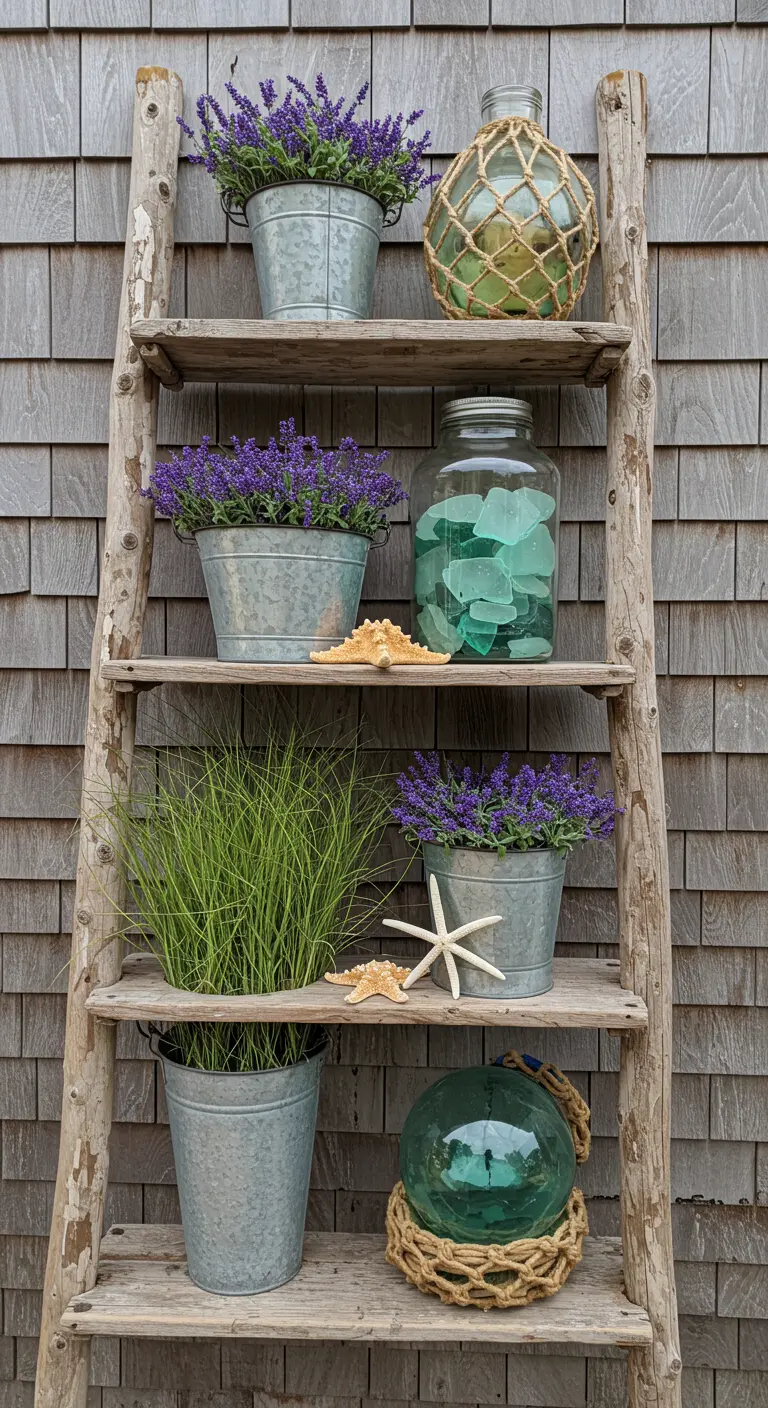 Driftwood-style ladder with lavender in zinc pots and sea glass against a shingled wall.