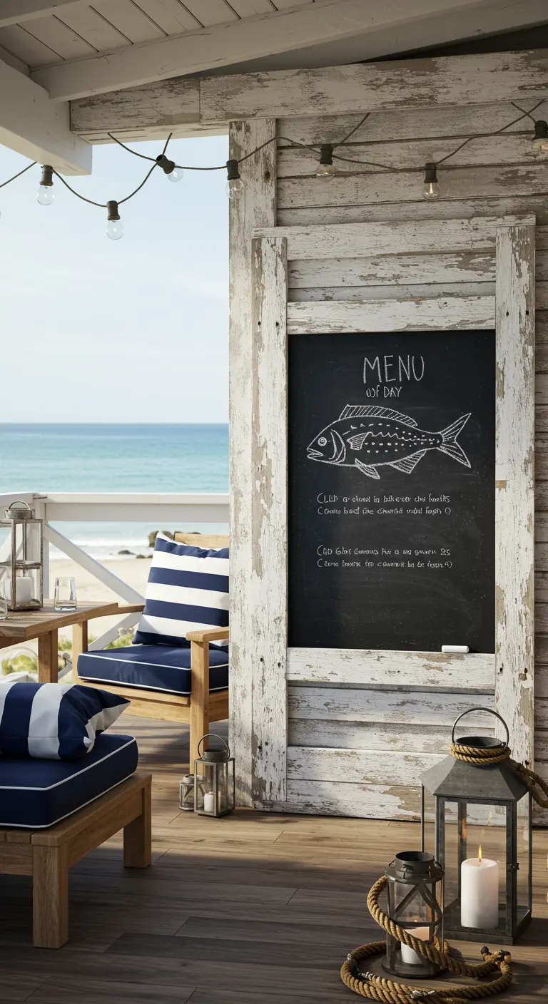 A chalkboard menu with a distressed white wood frame on a coastal deck.