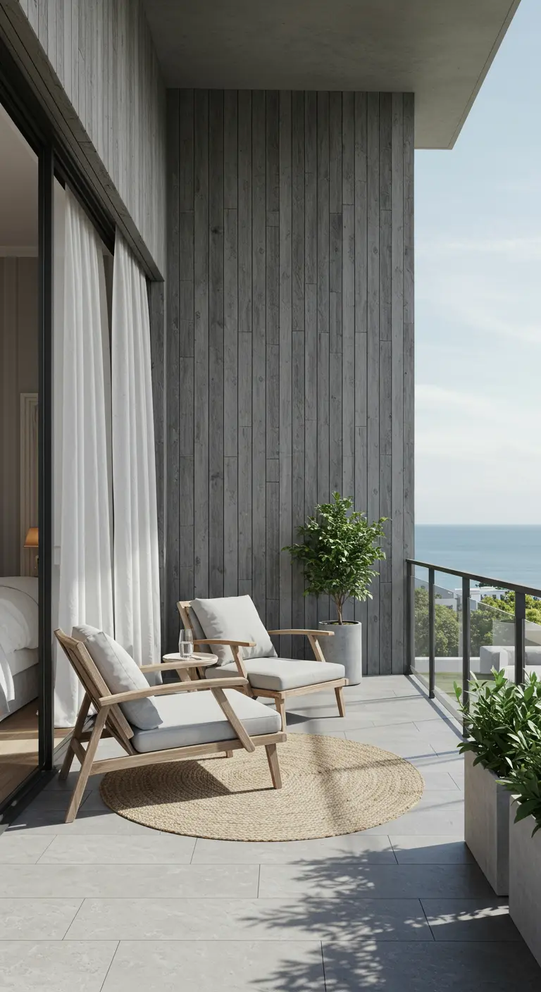 A minimalist balcony with a gray wood wall, sleek wooden chairs, and a round jute rug.