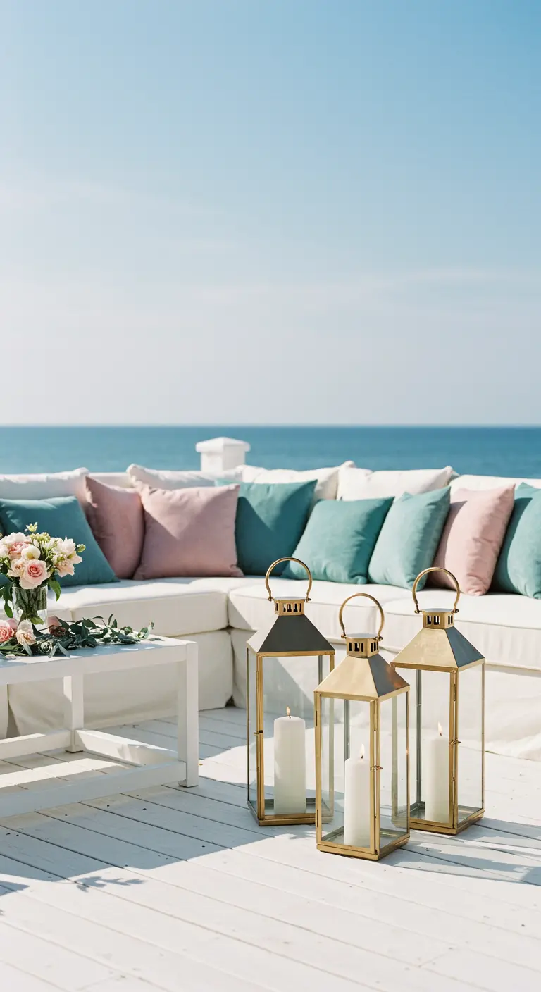 A white outdoor sofa with dusty rose and seafoam green velvet pillows on a deck overlooking the ocean.