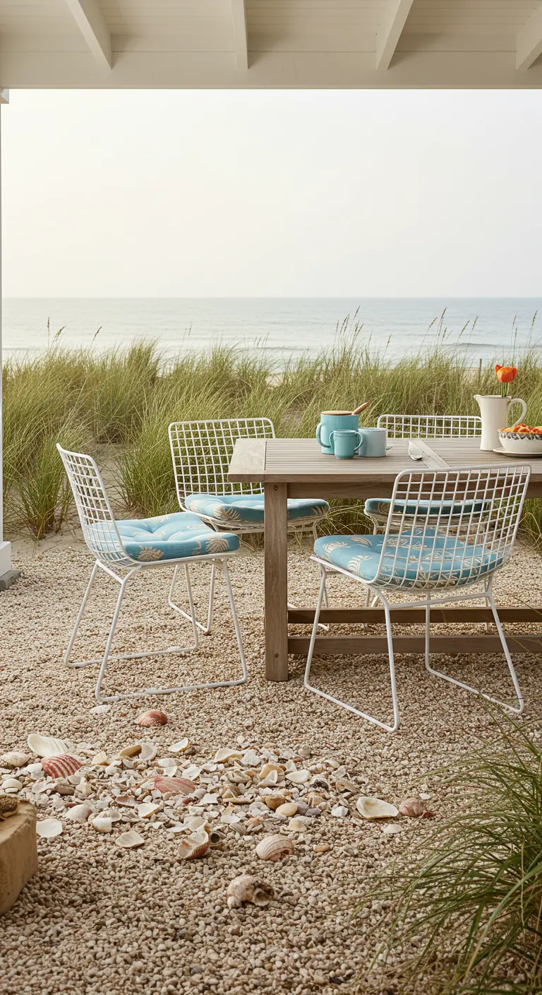 White wireframe dining chairs with blue palm-print cushions on a gravel patio leading to a beach.