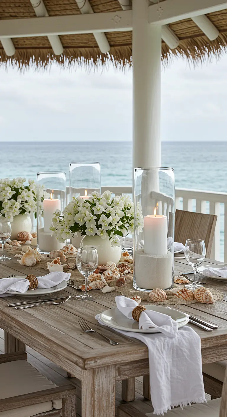 A rustic wooden table overlooking the ocean, decorated with seashells and candles in sand.