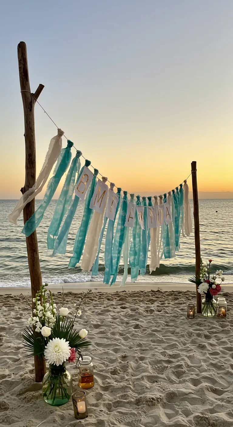 A birthday banner with dip-dyed fabric on a beach at sunset