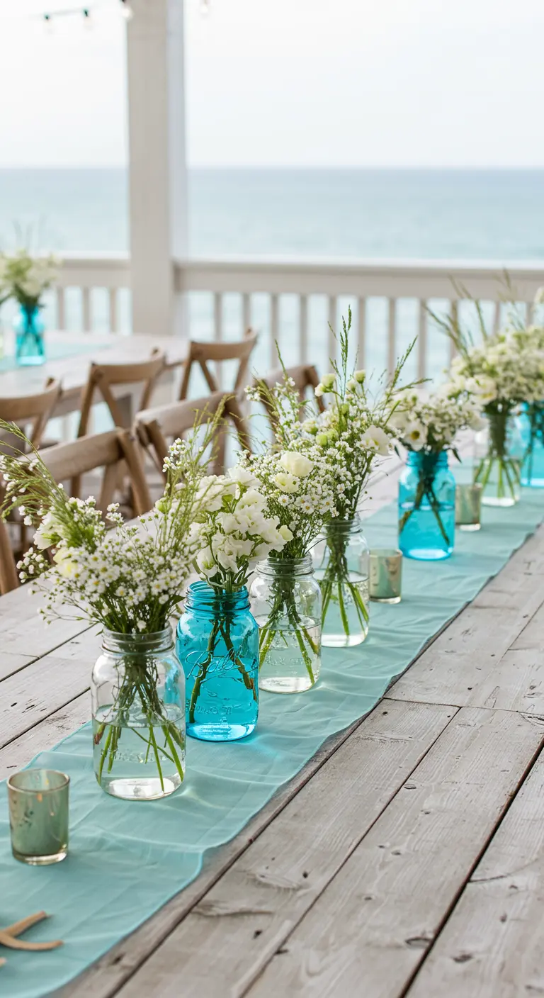 A coastal-themed wedding table with a blue runner and Mason jars of white flowers overlooking the ocean.