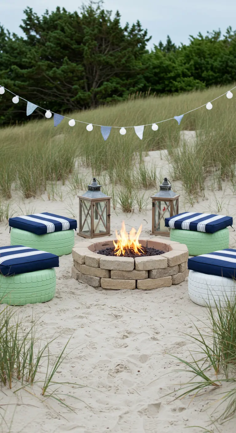 Coastal-themed fire pit on sand with green and white tire seats and striped cushions.
