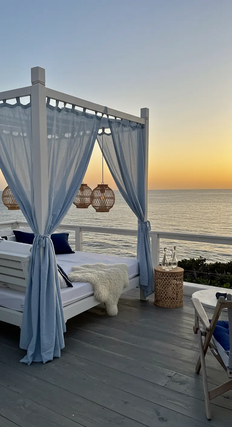 A white canopy daybed with blue curtains overlooking the ocean at sunset.