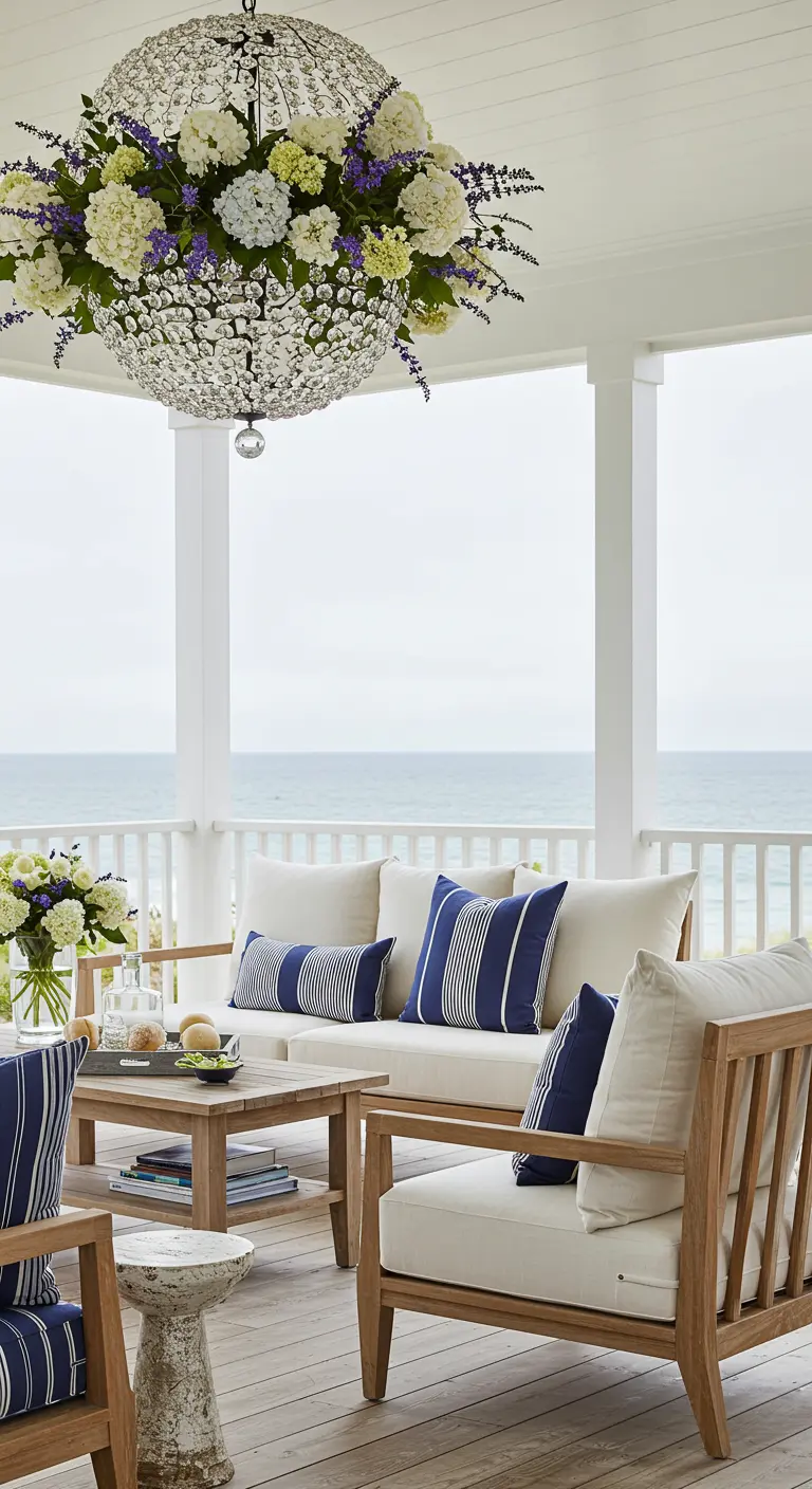 A crystal sphere chandelier with white and purple flowers on a coastal porch.