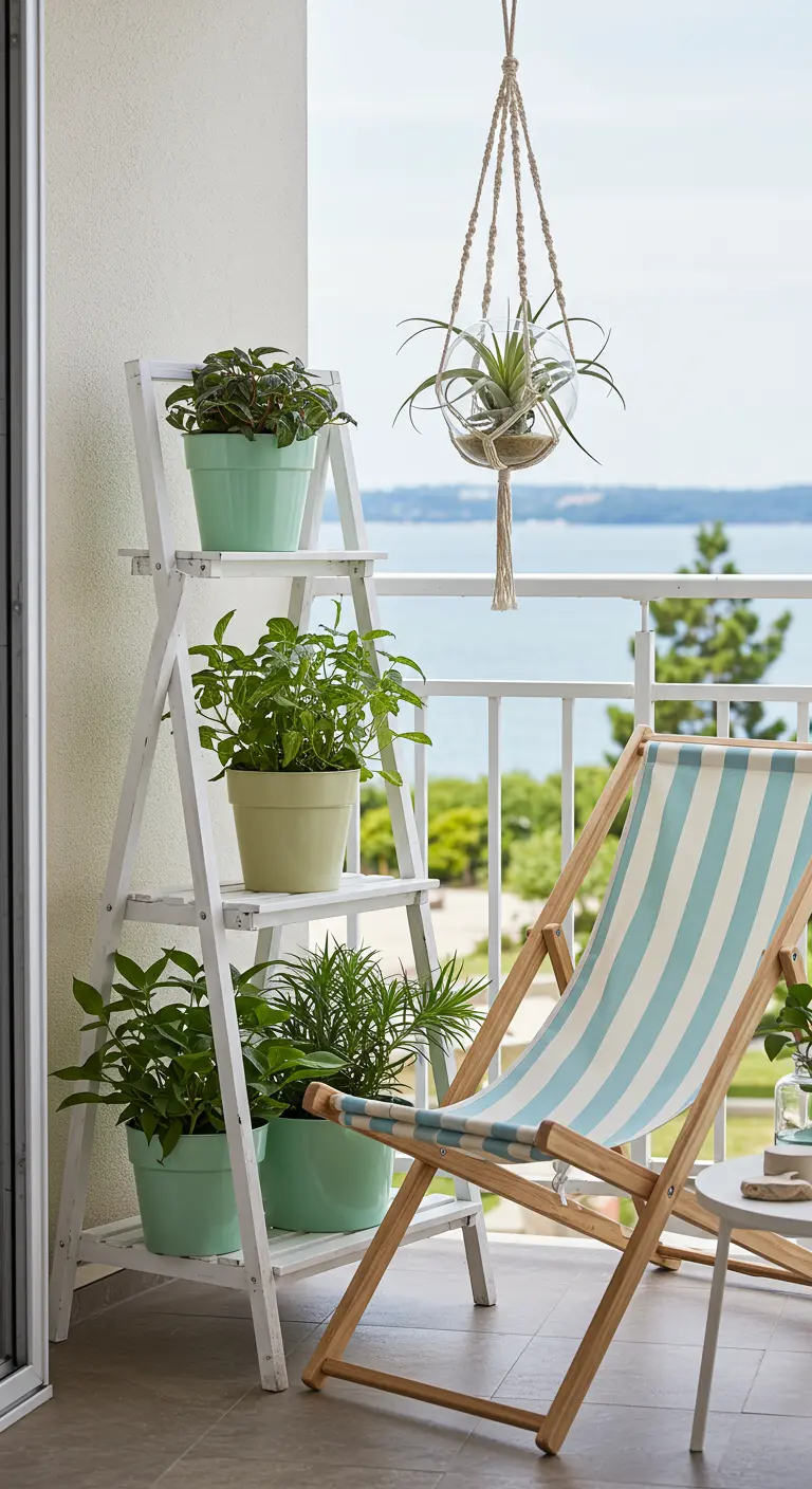 White ladder shelf with mint green pots and a striped deck chair.