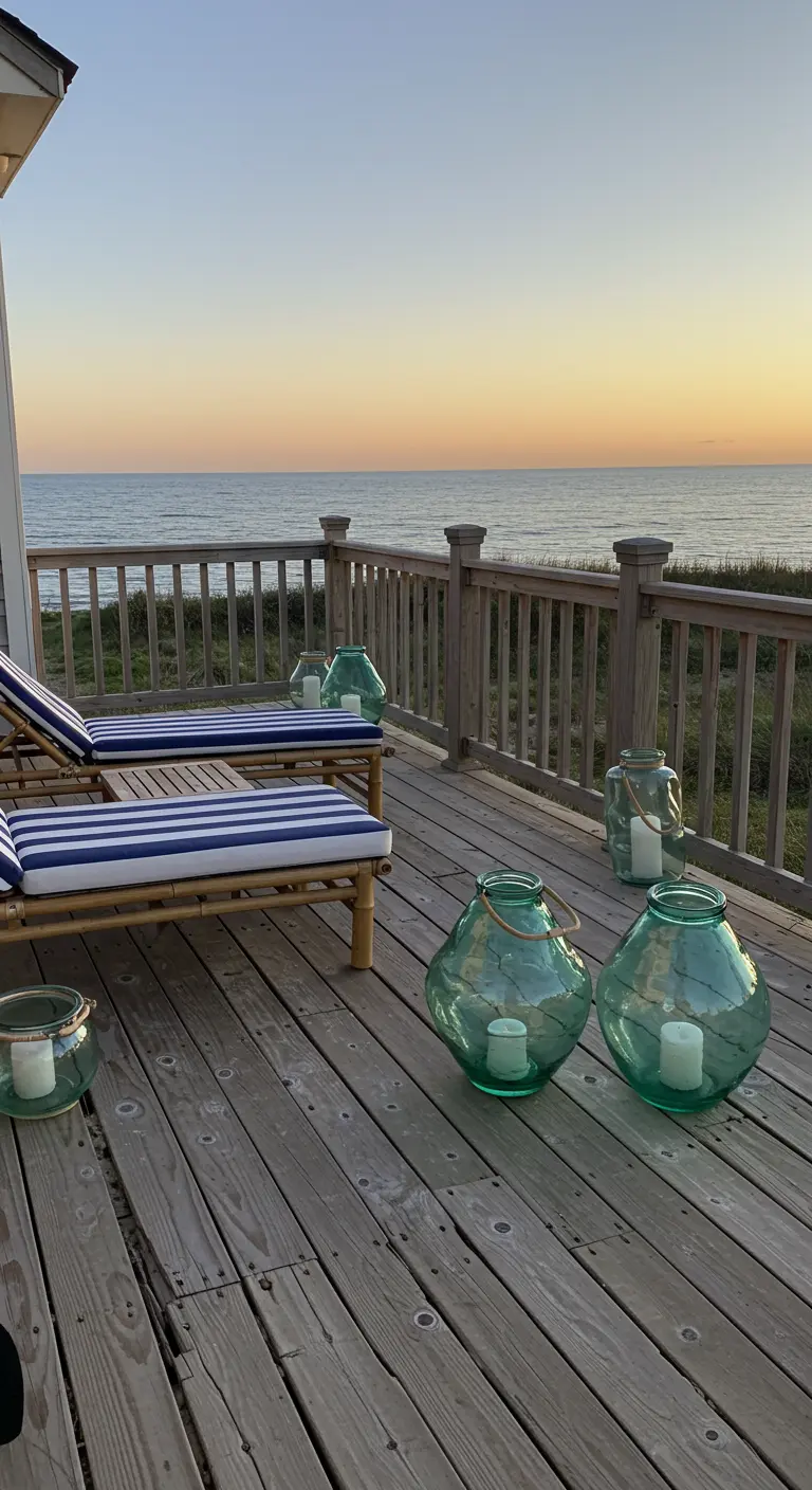 Bamboo loungers with striped cushions on a wooden deck overlooking the ocean, with green glass lanterns.
