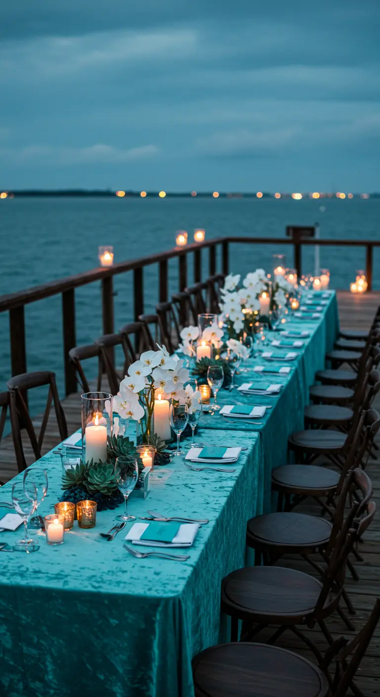 Long table on a dock overlooking water, with teal velvet tablecloth, white orchids, succulents, and candles.