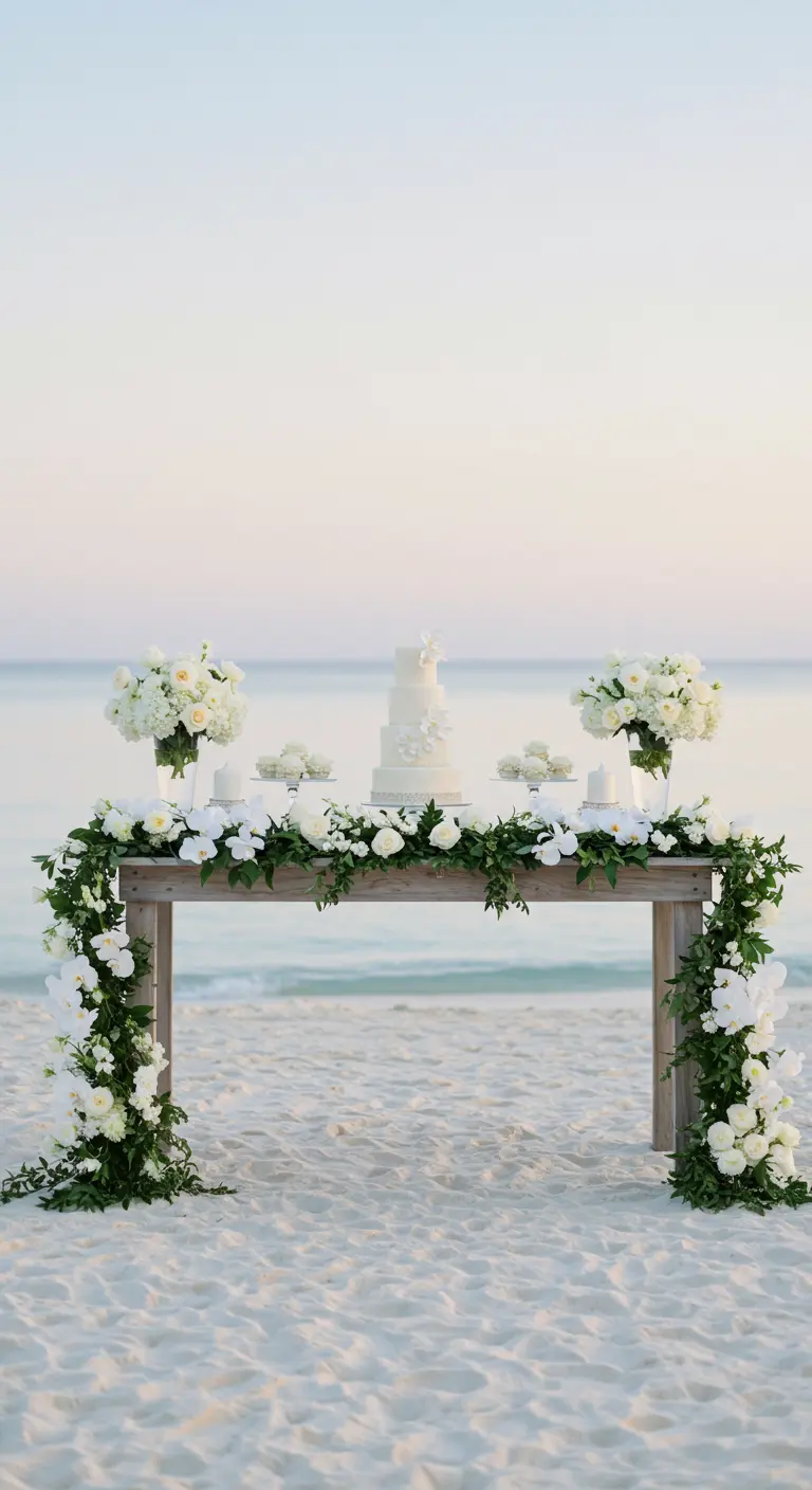 White wedding cake table on a sandy beach with white orchid garlands and the ocean behind.