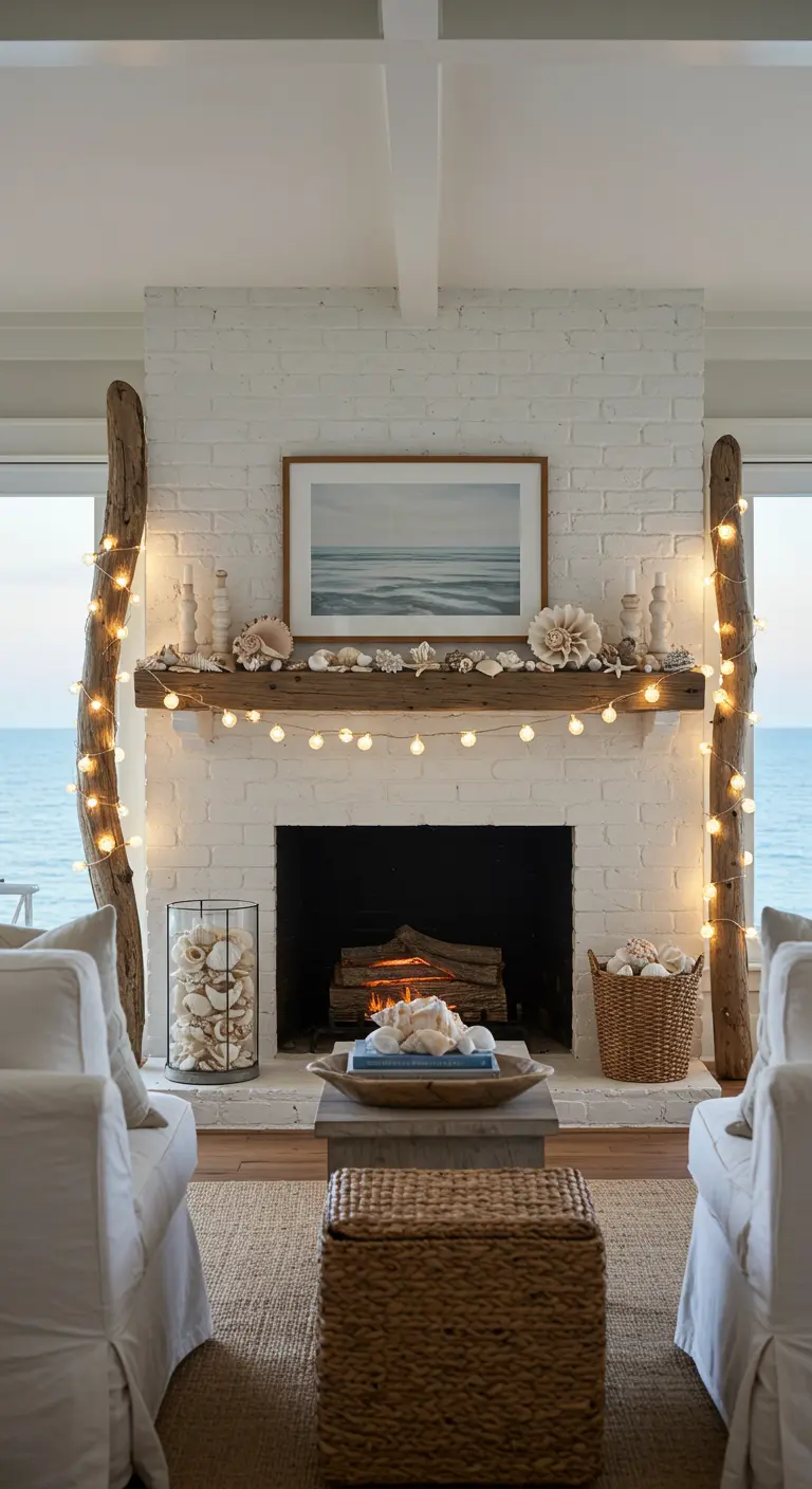 Coastal mantel with driftwood pillars, globe lights, and a collection of seashells.