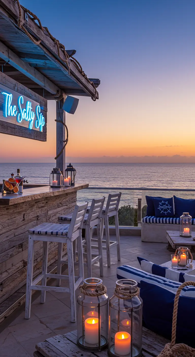 Coastal-themed patio bar with a 'The Salty Sip' neon sign overlooking the ocean.