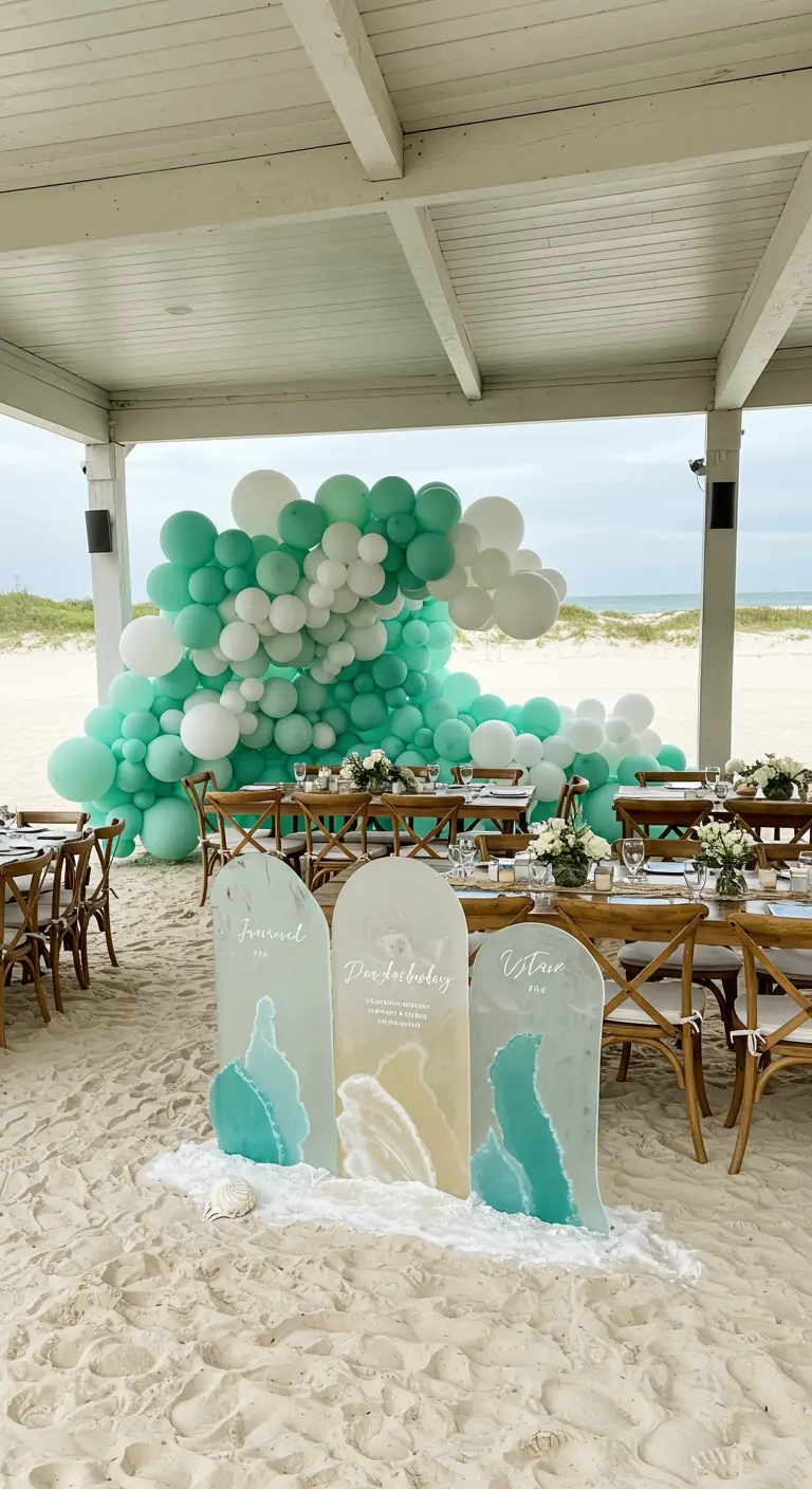 Seafoam green balloon wave and custom acrylic wave signs at a beach party.