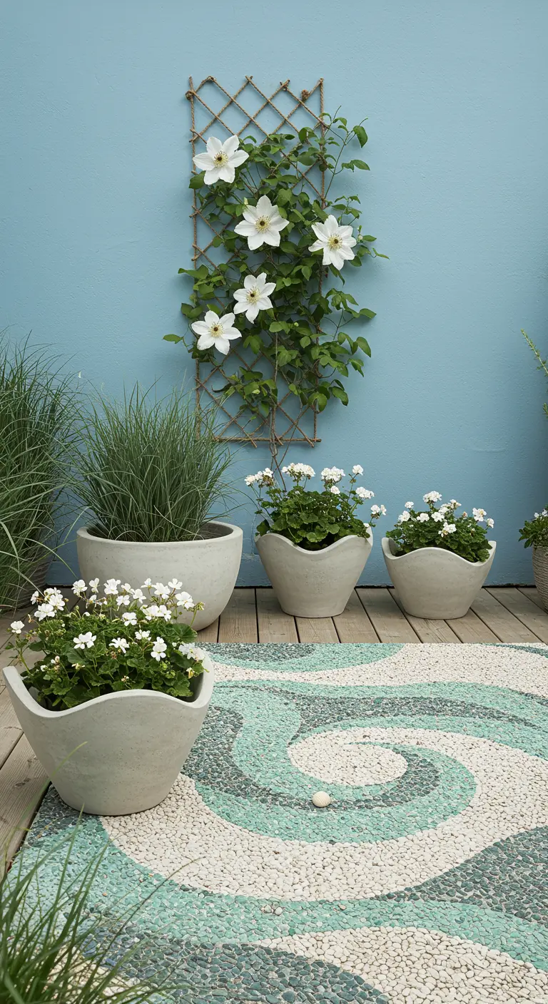 Balcony with a blue wall, a pebble mosaic, and white clematis on a rope trellis.
