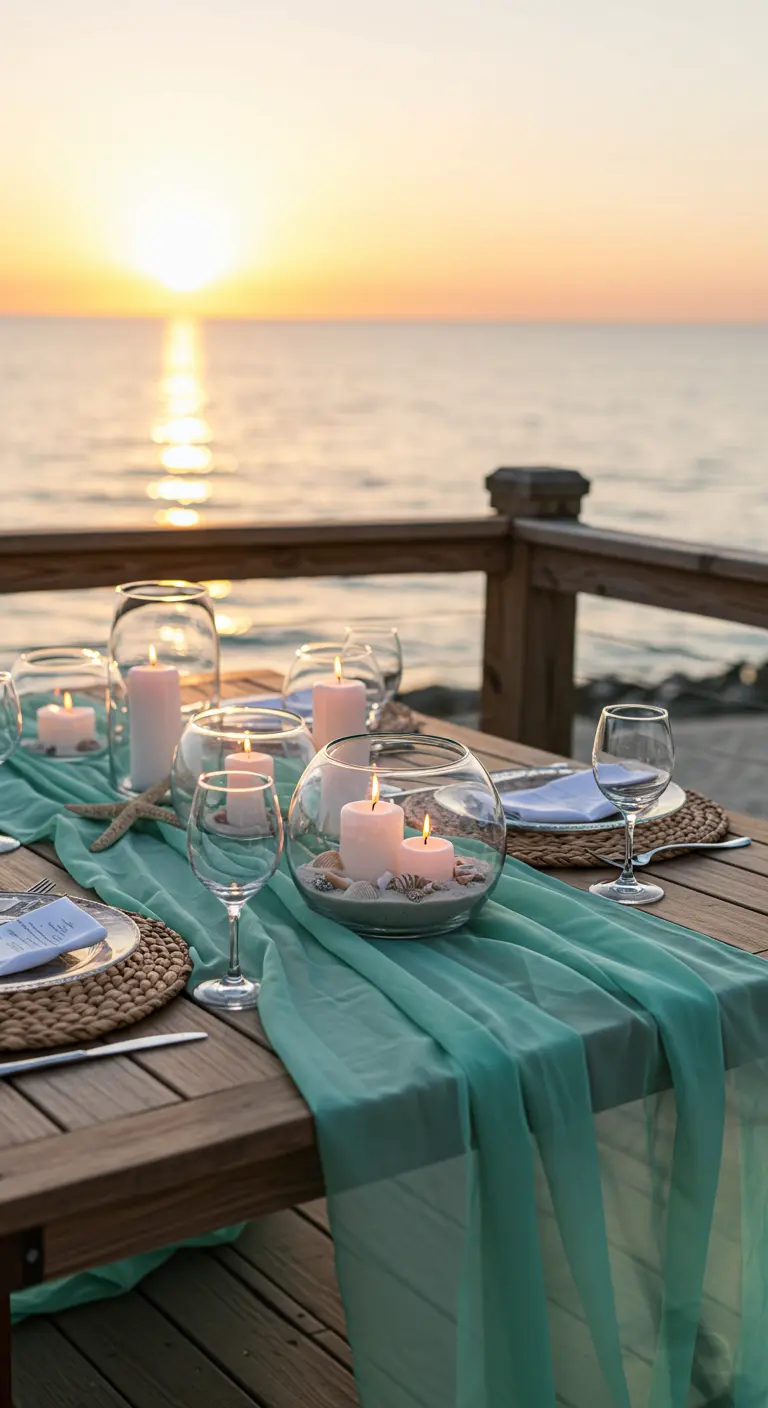 Beachside table with a seafoam green runner, candles in bowls with sand and seashells, at sunset.