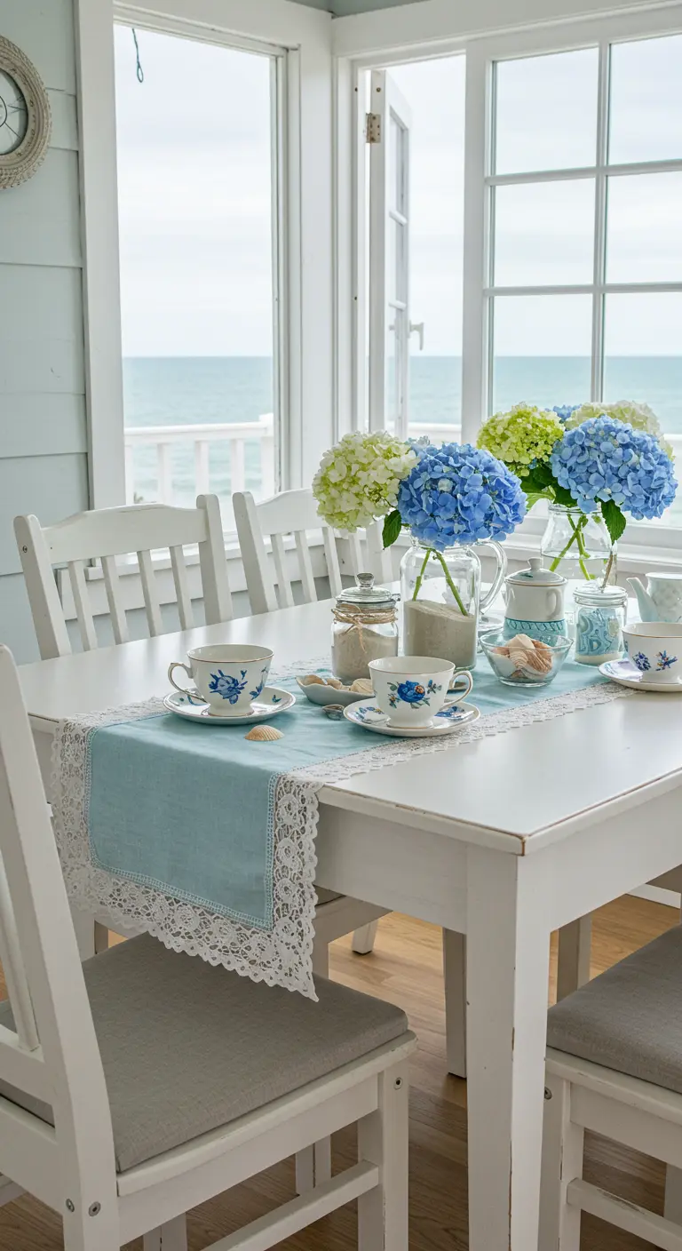 A coastal-themed tea party table with blue and white decor and hydrangeas by a window overlooking the ocean.