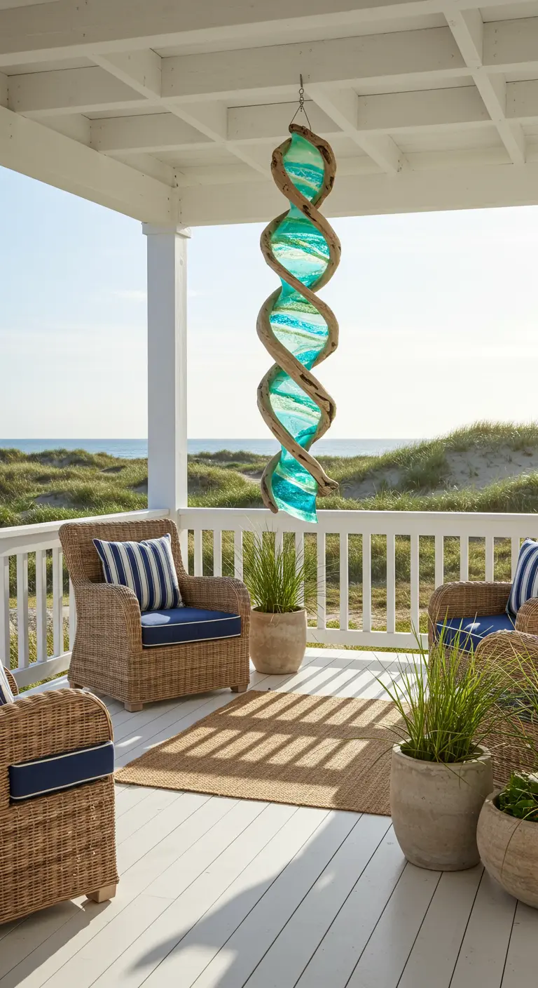 Aqua blue spiral spinner hanging on a white coastal porch overlooking the sea.