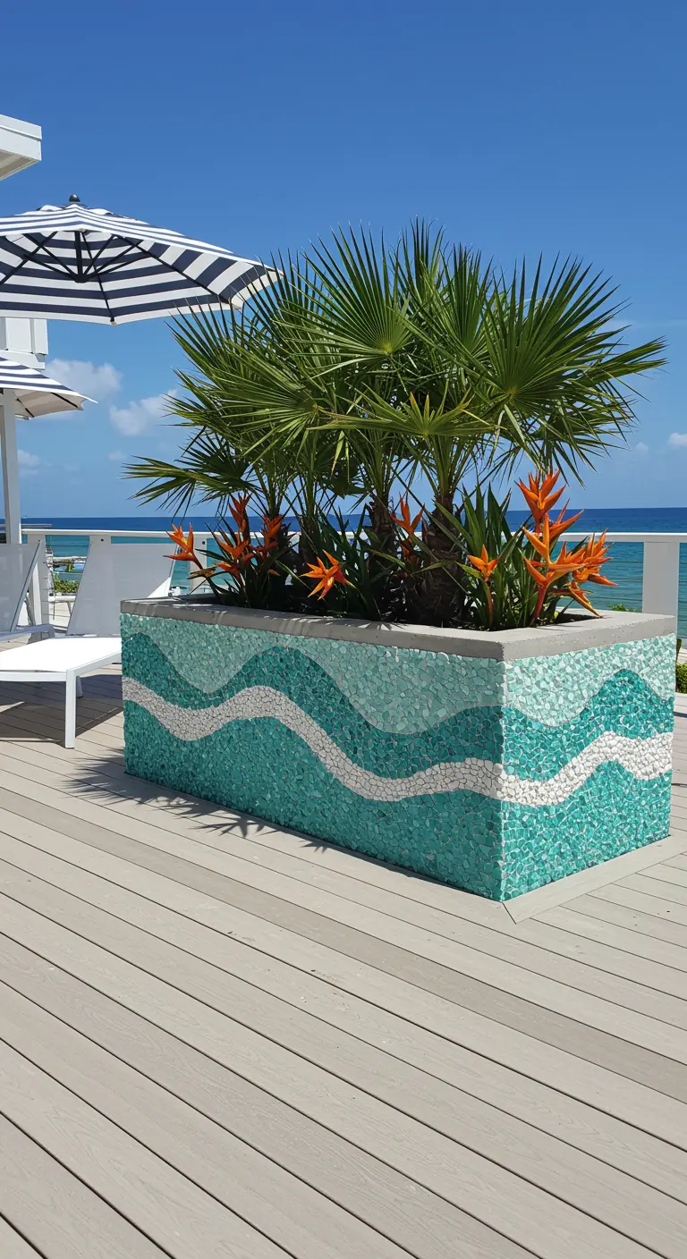 A concrete planter on a deck with a wavy blue and white sea glass mosaic, near the ocean.