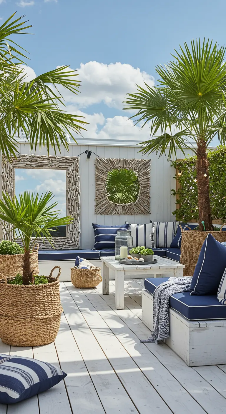 A coastal-style deck with whitewashed floors, woven basket planters, and driftwood mirrors.