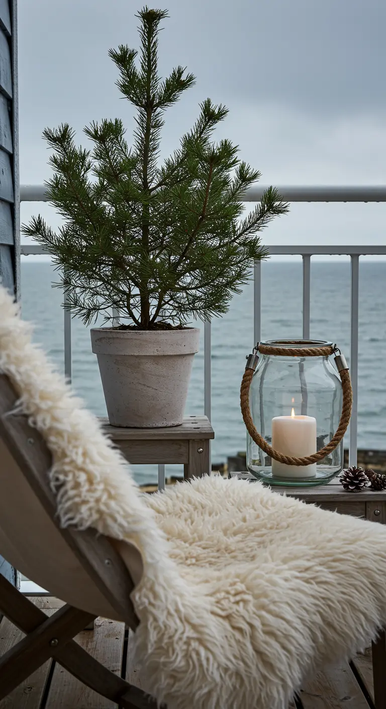 A balcony overlooking the sea with a wooden chair, sheepskin throw, and rope-handled lantern.