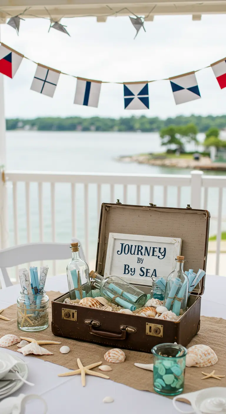Suitcase centerpiece with sand, shells, and message in a bottle favors.