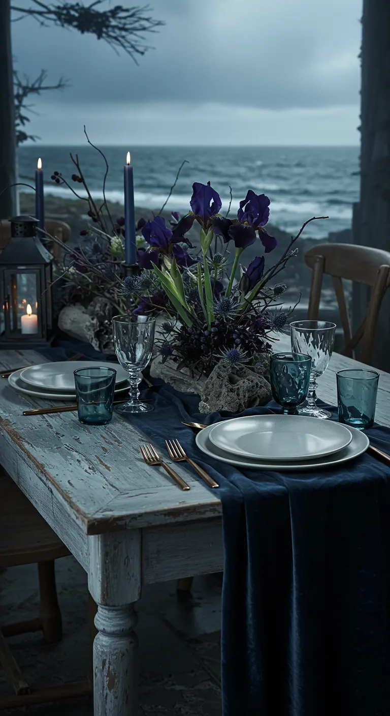A tablescape on a porch by the sea, with a distressed table and dark blue accents.