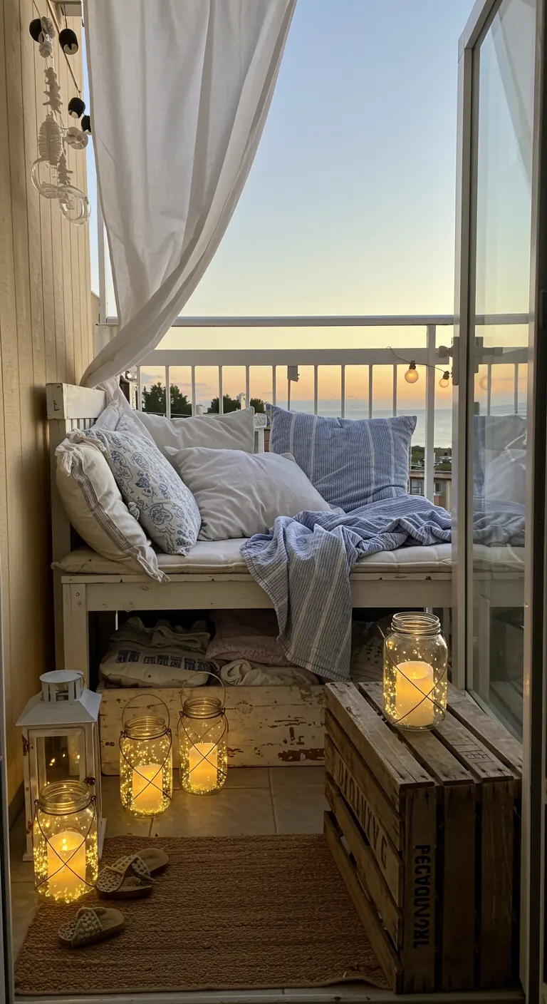 Cozy balcony with a white bench, blue pillows, and mason jar lanterns creating a coastal vibe.