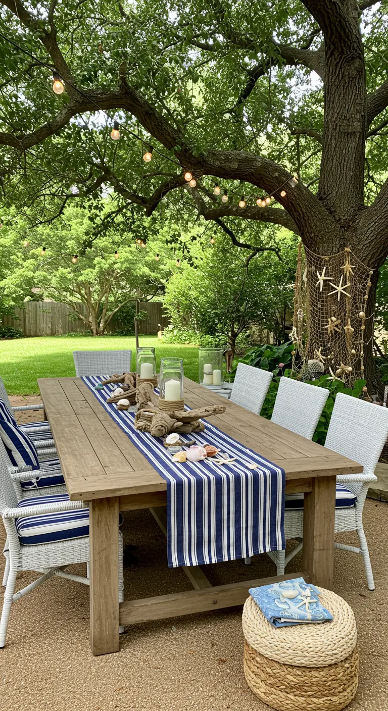 Outdoor wooden dining table with a navy striped runner and driftwood centerpiece under string lights.