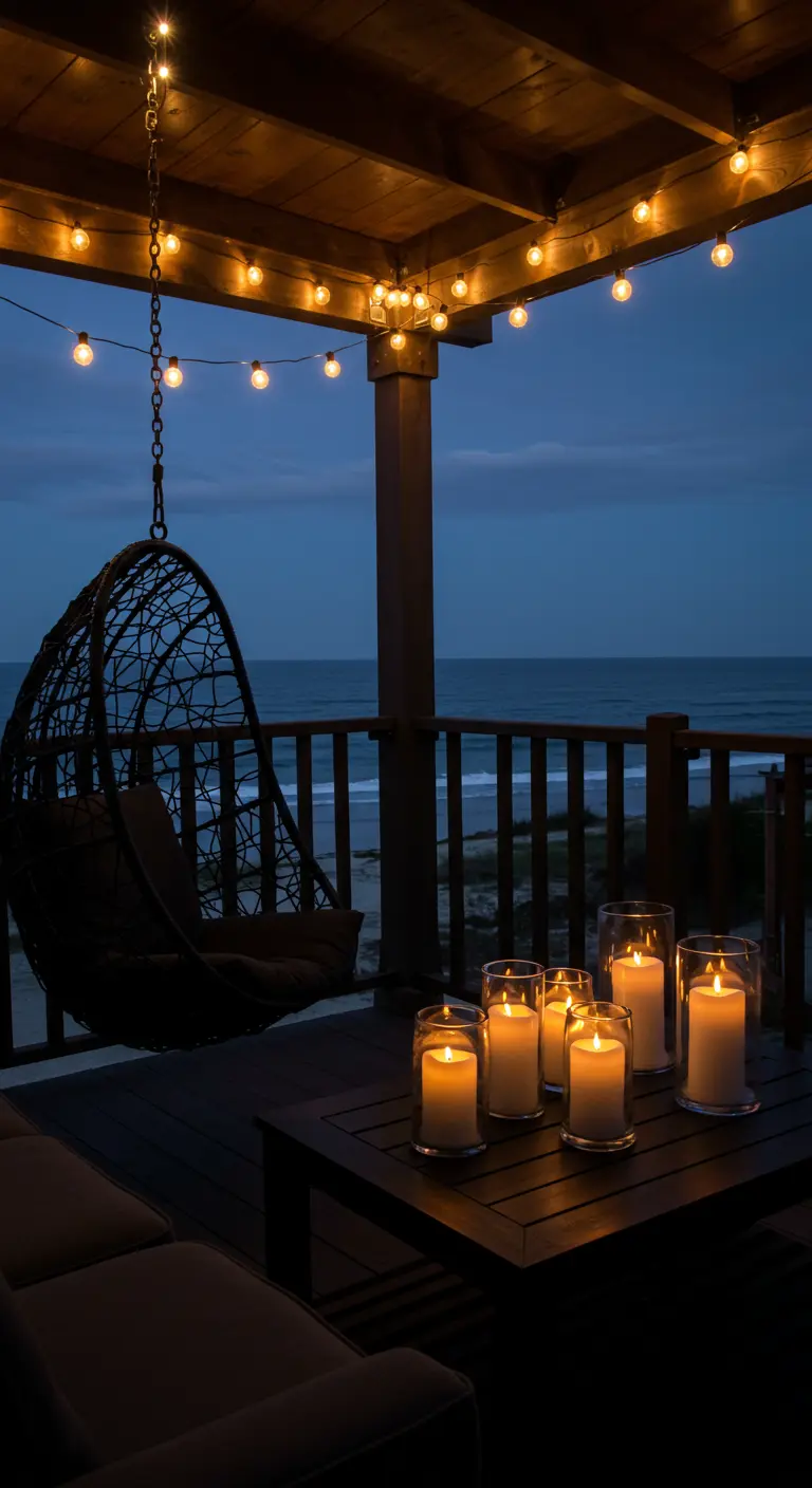 A coastal balcony with a hanging egg chair, string lights, and candles in hurricane glasses on a table.