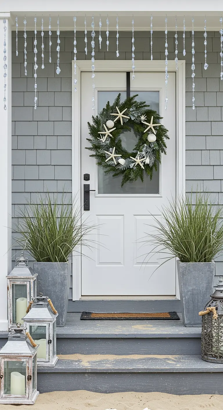 A coastal-themed porch with a starfish-adorned wreath and planters with tall grasses.