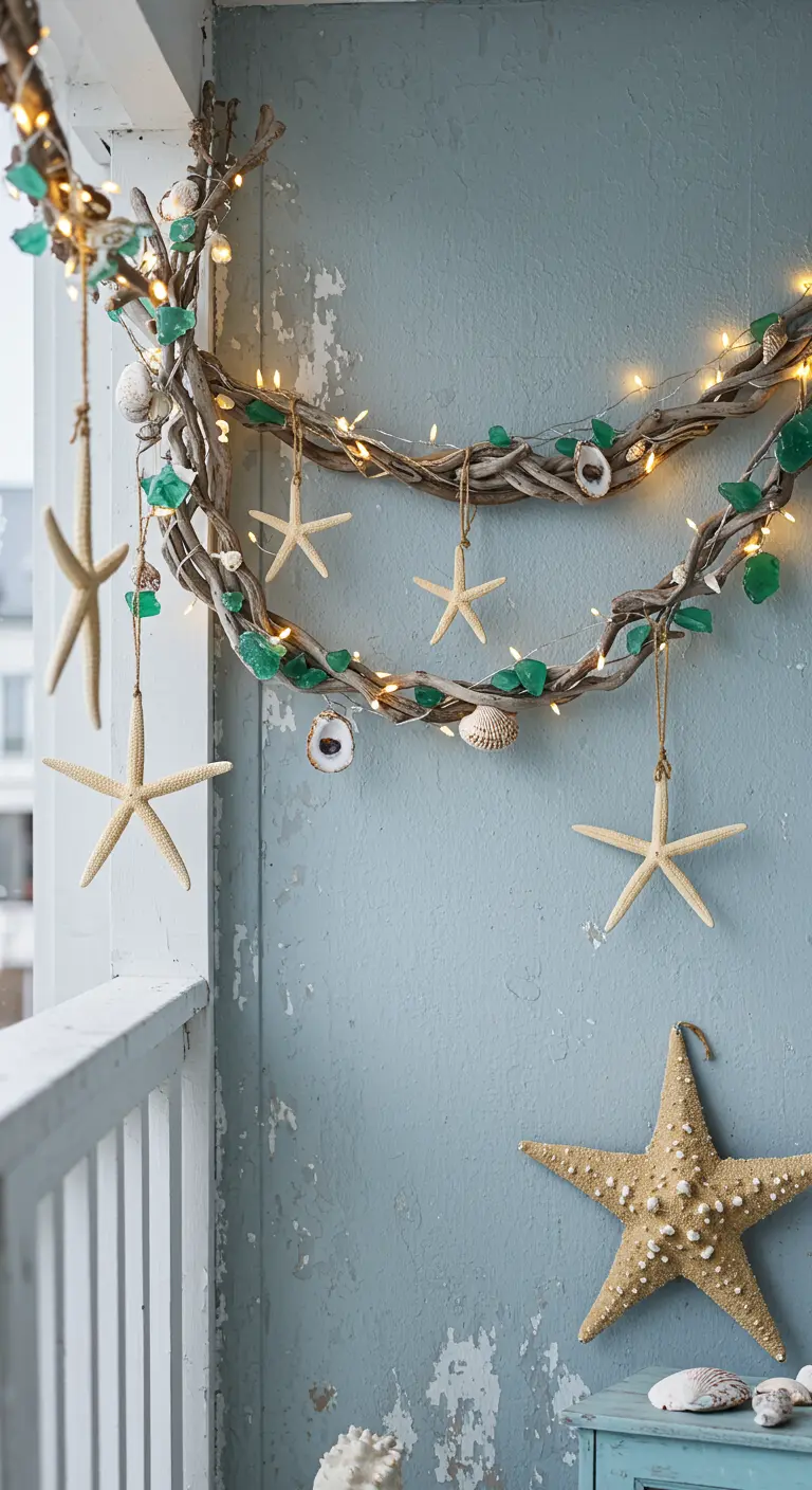 A balcony decorated with driftwood garlands, starfish, sea glass, and lights.