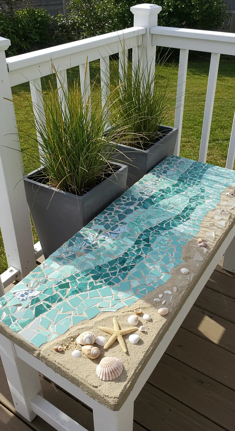 A white wooden bench with a mosaic depicting ocean waves in blue and green tiles, with real sand and seashells.