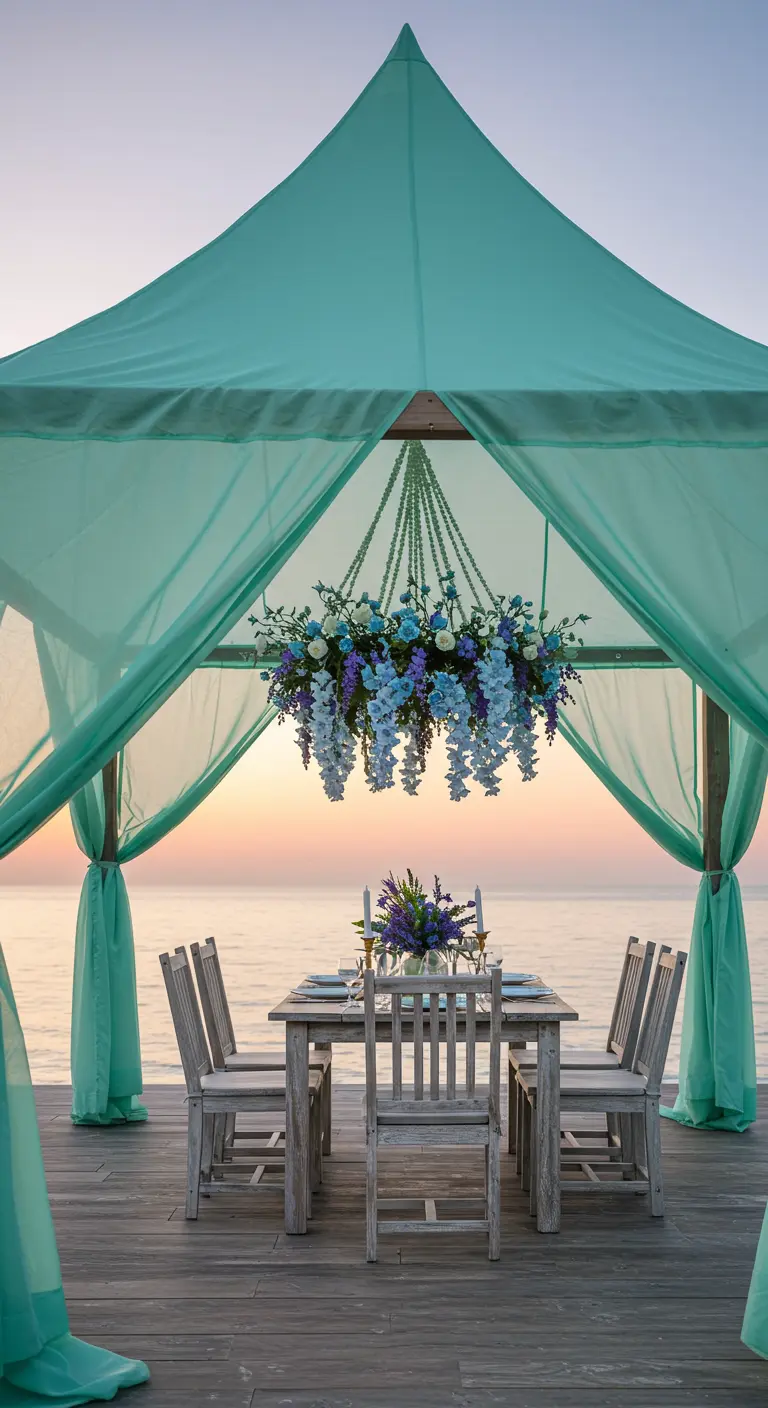A seafoam green canopy over a dining table on a deck, with a cascading blue floral chandelier.